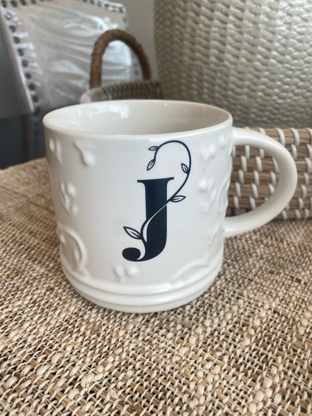 White Ceramic Monogram 'J' Mug with Black Lettering